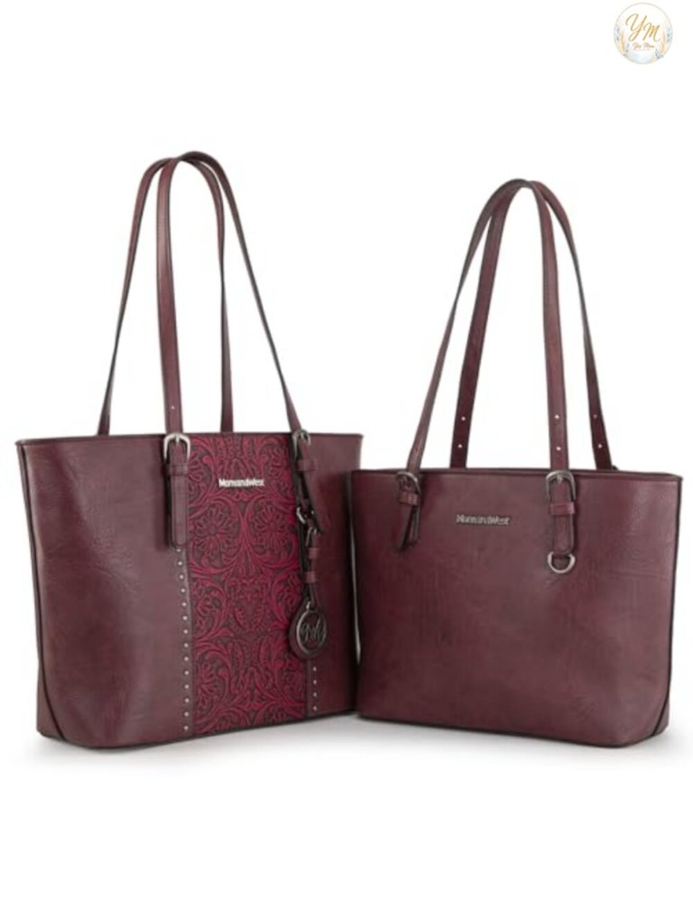 2-Piece Vegan Leather Tote Bag Set with Embossed Pattern and Zipper Closure